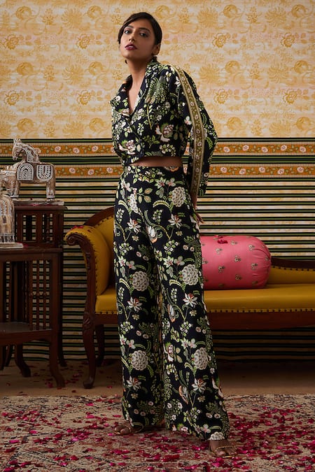 Shop_Soup By Sougat Paul_Black Silk Collared Midnight Garden Print Crop Top With Pant _Online_at_Aza_Fashions