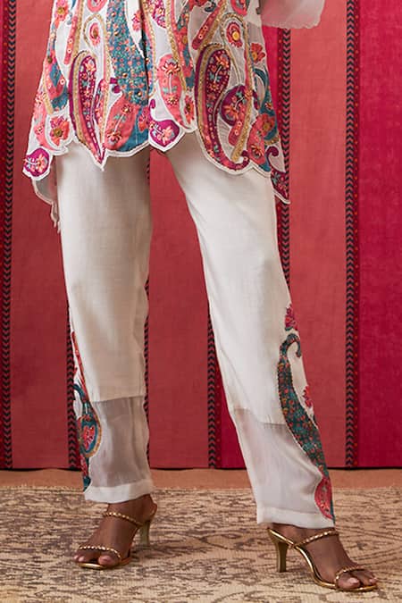 Soup By Sougat Paul_White Cotton Satin, Chanderi Sequins, Paisley Fleur Embellished Top With Pant _Online_at_Aza_Fashions