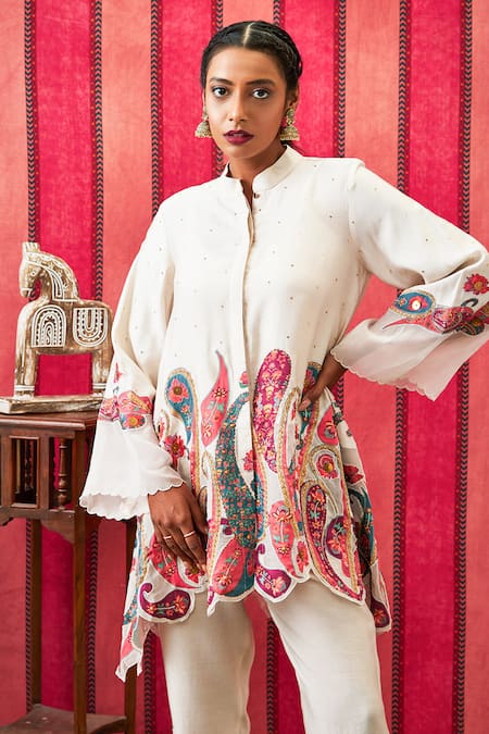Soup By Sougat Paul_White Cotton Satin, Chanderi Sequins, Paisley Fleur Embellished Top With Pant _at_Aza_Fashions