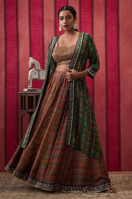 Soup By Sougat Paul_Multi Color Organza, Silk Baroque Bloom Print Embellished Jacket Lehenga Set _Online_at_Aza_Fashions