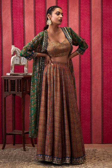 Buy_Soup By Sougat Paul_Multi Color Organza, Silk Baroque Bloom Print Embellished Jacket Lehenga Set _Online_at_Aza_Fashions