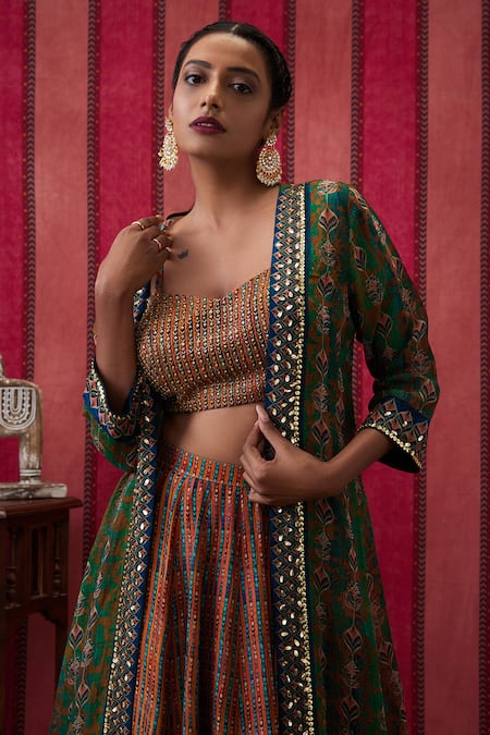 Shop_Soup By Sougat Paul_Multi Color Organza, Silk Baroque Bloom Print Embellished Jacket Lehenga Set _Online_at_Aza_Fashions