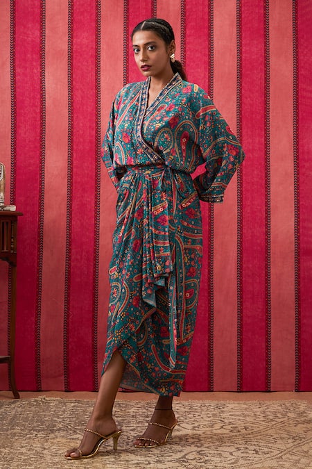 Buy_Soup By Sougat Paul_Green Crepe Sequins V-neck Persian Art Print Draped Overlap Dress _Online_at_Aza_Fashions