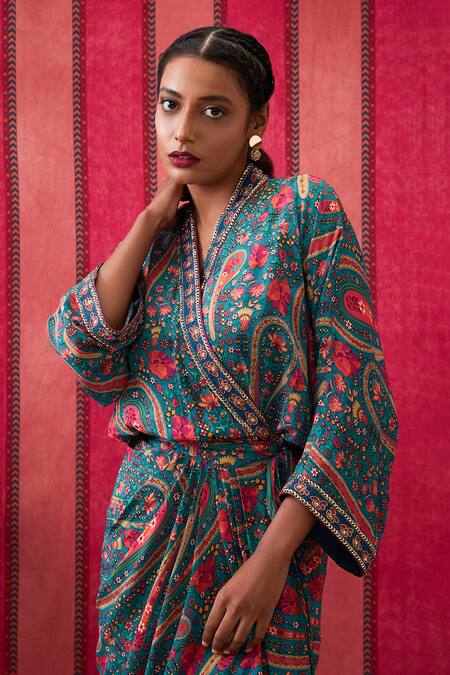 Shop_Soup By Sougat Paul_Green Crepe Sequins V-neck Persian Art Print Draped Overlap Dress _Online_at_Aza_Fashions