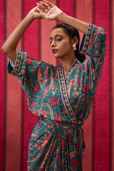 Soup By Sougat Paul_Green Crepe Sequins V-neck Persian Art Print Draped Overlap Dress _at_Aza_Fashions