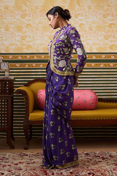 Soup By Sougat Paul_Purple Crepe Sequins, Tasnim Bloomy Print Embellished Jacket With Draped Skirt _Online_at_Aza_Fashions