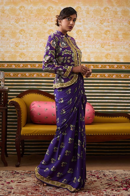 Buy_Soup By Sougat Paul_Purple Crepe Sequins, Tasnim Bloomy Print Embellished Jacket With Draped Skirt _Online_at_Aza_Fashions
