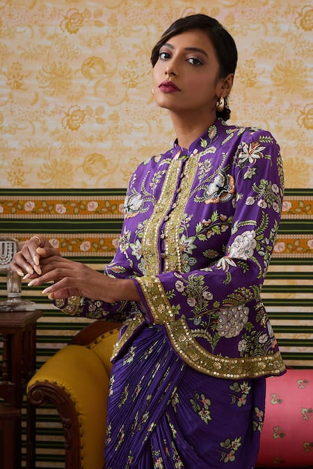 Shop_Soup By Sougat Paul_Purple Crepe Sequins, Tasnim Bloomy Print Embellished Jacket With Draped Skirt _Online_at_Aza_Fashions
