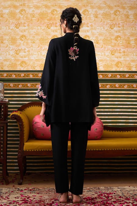 Shop Soup By Sougat Paul Black Chanderi Silk Sequins, Applique Lotus Embellished Front Open Top Pant Set at Aza Fashions Shop_Soup By Sougat Paul_Black Chanderi Silk Sequins, Applique Lotus Embellished Front Open Top Pant Set _at_Aza_Fashions