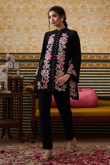 Soup By Sougat Paul Black Chanderi Silk Sequins, Applique Lotus Embellished Front Open Top Pant Set Online at Aza Fashions Soup By Sougat Paul_Black Chanderi Silk Sequins, Applique Lotus Embellished Front Open Top Pant Set _Online_at_Aza_Fashions
