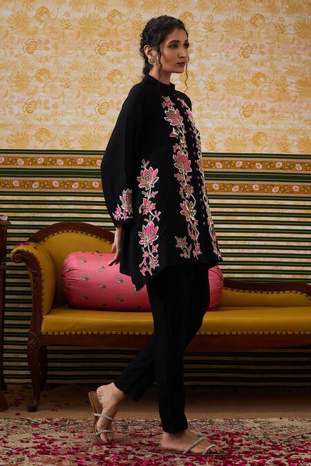 Buy Soup By Sougat Paul Black Chanderi Silk Sequins, Applique Lotus Embellished Front Open Top Pant Set Online at Aza Fashions Buy_Soup By Sougat Paul_Black Chanderi Silk Sequins, Applique Lotus Embellished Front Open Top Pant Set _Online_at_Aza_Fashions