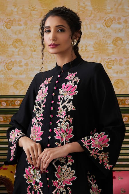 Soup By Sougat Paul Black Chanderi Silk Sequins, Applique Lotus Embellished Front Open Top Pant Set at Aza Fashions Soup By Sougat Paul_Black Chanderi Silk Sequins, Applique Lotus Embellished Front Open Top Pant Set _at_Aza_Fashions