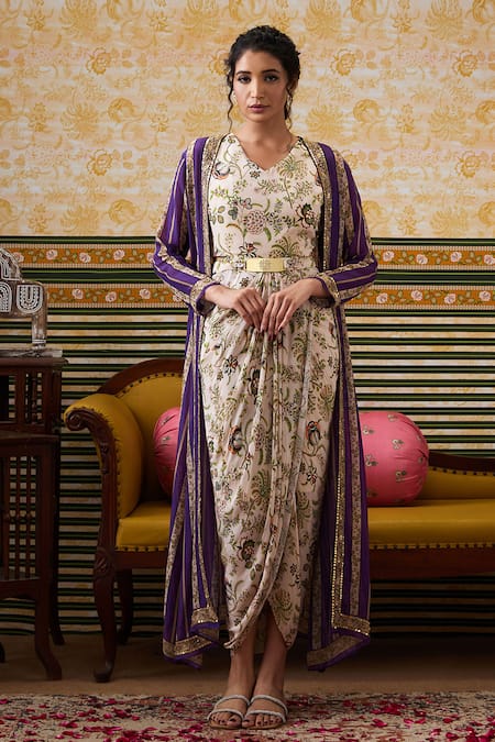 Soup by Sougat Paul Beige Draped Dress Malaysian Silk Print Florence V With Floral Striped Jacket 