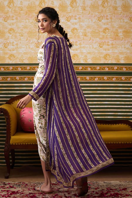 Soup By Sougat Paul Florence Print Draped Dress With Floral Striped Print Jacket 