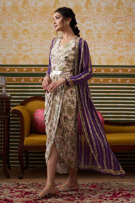 Soup By Sougat Paul_Beige Organza, Silk Florence Draped Dress With Floral Striped Jacket _Online_at_Aza_Fashions