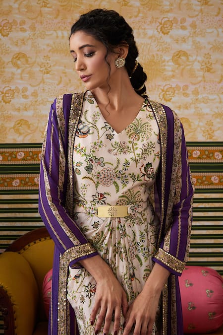 Buy_Soup By Sougat Paul_Beige Organza, Silk Florence Draped Dress With Floral Striped Jacket _Online_at_Aza_Fashions