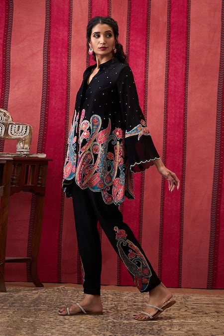 Buy_Soup By Sougat Paul_Black Chanderi Silk Sequins Paisley Blossom Applique Embellished Top With Pant _Online_at_Aza_Fashions