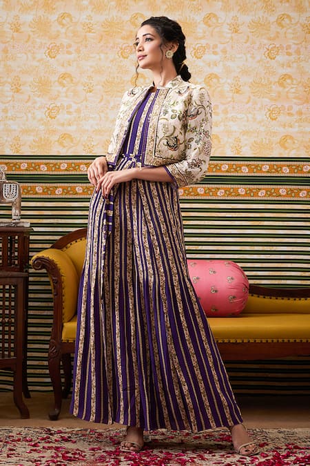 Soup By Sougat Paul Purple Crepe Sequins Mandarin Collar Lily Striped Print Jumpsuit And Crop Jacket Online at Aza Fashions Soup By Sougat Paul_Purple Crepe Sequins Mandarin Collar Lily Striped Print Jumpsuit And Crop Jacket _Online_at_Aza_Fashions