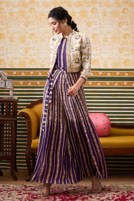 Buy Soup By Sougat Paul Purple Crepe Sequins Mandarin Collar Lily Striped Print Jumpsuit And Crop Jacket Online at Aza Fashions Buy_Soup By Sougat Paul_Purple Crepe Sequins Mandarin Collar Lily Striped Print Jumpsuit And Crop Jacket _Online_at_Aza_Fashions