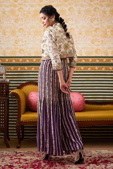 Shop Soup By Sougat Paul Purple Crepe Sequins Mandarin Collar Lily Striped Print Jumpsuit And Crop Jacket Online at Aza Fashions Shop_Soup By Sougat Paul_Purple Crepe Sequins Mandarin Collar Lily Striped Print Jumpsuit And Crop Jacket _Online_at_Aza_Fashions