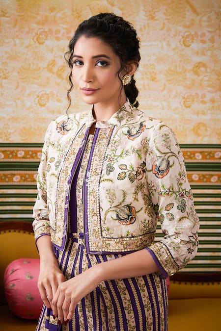 Soup By Sougat Paul Purple Crepe Sequins Mandarin Collar Lily Striped Print Jumpsuit And Crop Jacket at Aza Fashions Soup By Sougat Paul_Purple Crepe Sequins Mandarin Collar Lily Striped Print Jumpsuit And Crop Jacket _at_Aza_Fashions