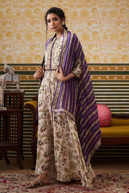Soup By Sougat Paul_Beige Silk, Crepe Sequins, Embroidery Jasmine Bloom Print Cape Flared Pant Set _Online_at_Aza_Fashions