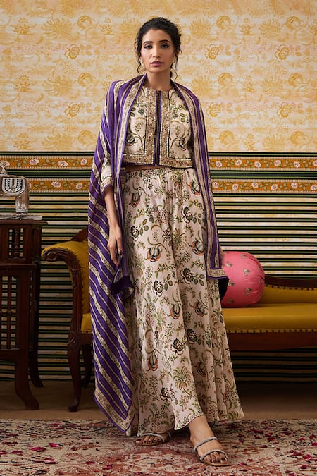 Buy_Soup By Sougat Paul_Beige Silk, Crepe Sequins, Embroidery Jasmine Bloom Print Cape Flared Pant Set _Online_at_Aza_Fashions
