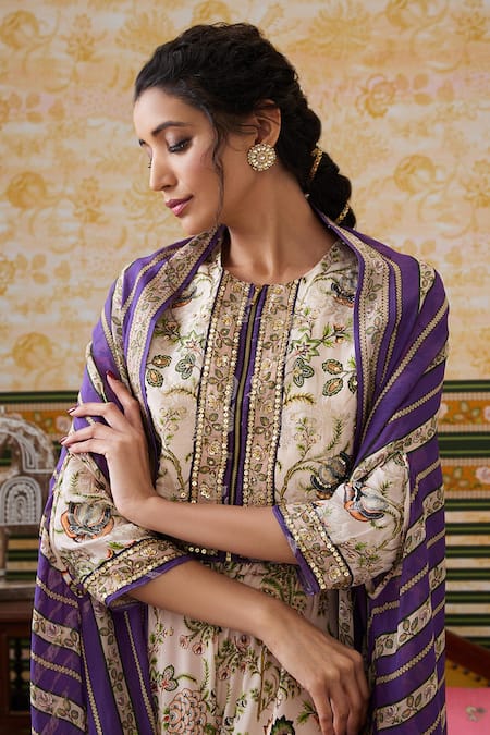 Soup By Sougat Paul_Beige Silk, Crepe Sequins, Embroidery Jasmine Bloom Print Cape Flared Pant Set _at_Aza_Fashions