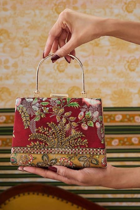Shop_Soup By Sougat Paul_Red Cut Work, Sequins Mehr Floral Embroidered Box Clutch _at_Aza_Fashions