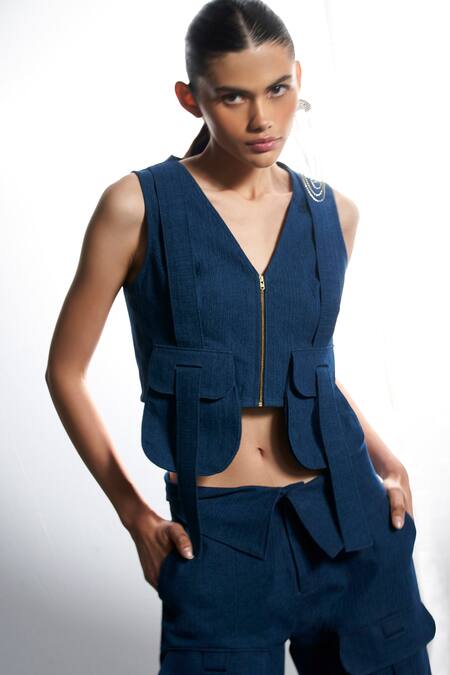 Qala Clothing_Blue Denim V-neck Belle Jacket And Pant Set _at_Aza_Fashions