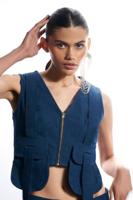 Buy_Qala Clothing_Blue Denim V-neck Belle Jacket And Pant Set 