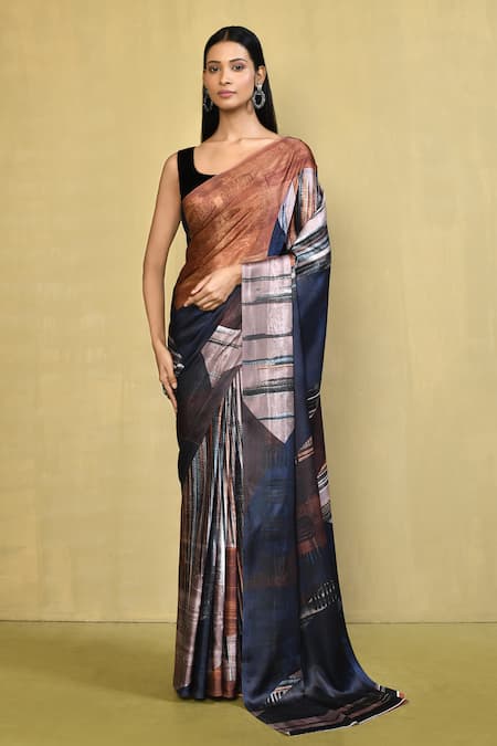 Nazaakat by Samara Singh Multi Color Pure Satin Crepe Printed Abstract Saree With Running Blouse