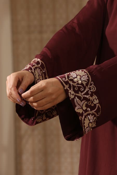 Rekha Agra Brown Crepe Embroidery Mandarin Collar Foliage Print Neck Kurta With Pant Online at Aza Fashions Rekha Agra_Brown Crepe Embroidery Mandarin Collar Foliage Print Neck Kurta With Pant _Online_at_Aza_Fashions