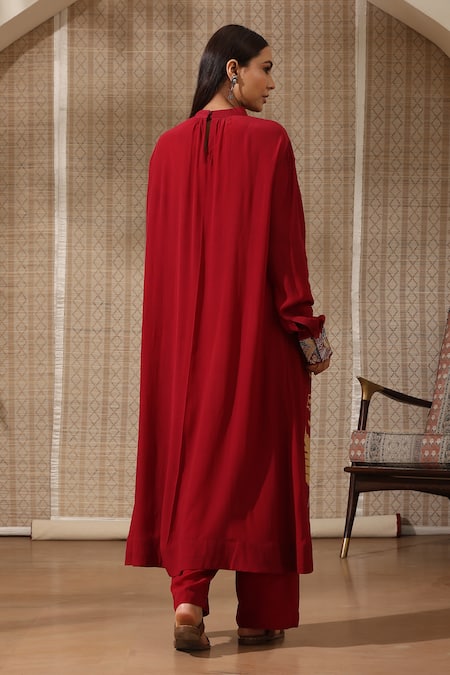 Shop Rekha Agra Red Crepe Embroidery Round Neck Floral Print Collar Kurta With Pant at Aza Fashions Shop_Rekha Agra_Red Crepe Embroidery Round Neck Floral Print Collar Kurta With Pant _at_Aza_Fashions