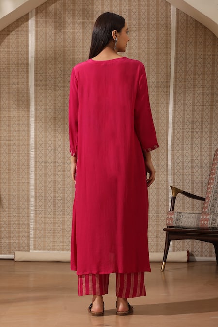 Shop_Rekha Agra_Pink Crepe V-neck Tulip Fleur Print Kurta With Chalk Striped Pant _at_Aza_Fashions