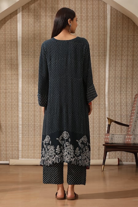 Shop_Rekha Agra_Blue Crepe Open Neck Polka Garden Art Asymmetric Kurta With Pant _at_Aza_Fashions