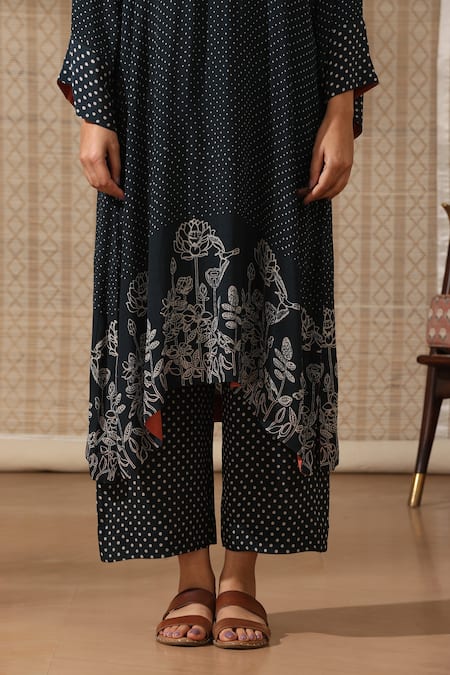 Buy_Rekha Agra_Blue Crepe Open Neck Polka Garden Art Asymmetric Kurta With Pant _Online_at_Aza_Fashions
