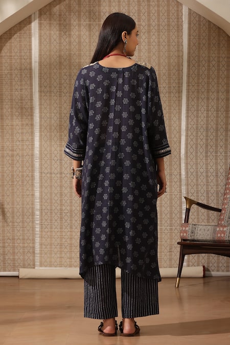 Shop Rekha Agra Blue Cotton Embroidery Floral Chalk Art Print Asymmetric Kurta With Striped Pant at Aza Fashions Shop_Rekha Agra_Blue Cotton Embroidery Floral Chalk Art Print Asymmetric Kurta With Striped Pant _at_Aza_Fashions