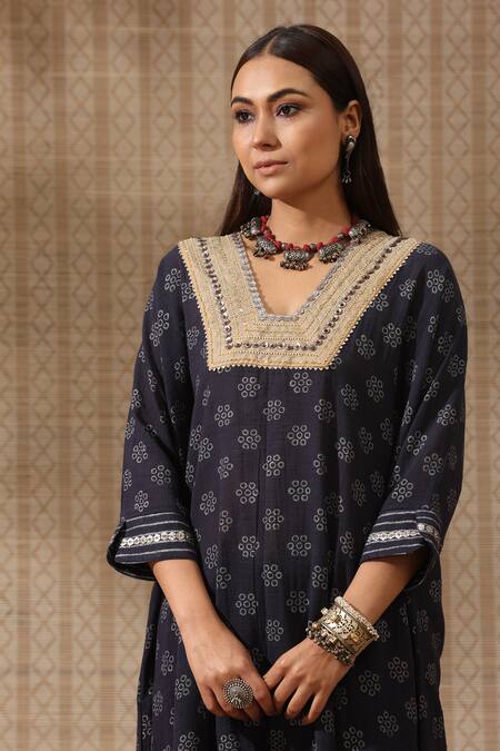 Rekha Agra Blue Cotton Embroidery Floral Chalk Art Print Asymmetric Kurta With Striped Pant Online at Aza Fashions Rekha Agra_Blue Cotton Embroidery Floral Chalk Art Print Asymmetric Kurta With Striped Pant _Online_at_Aza_Fashions
