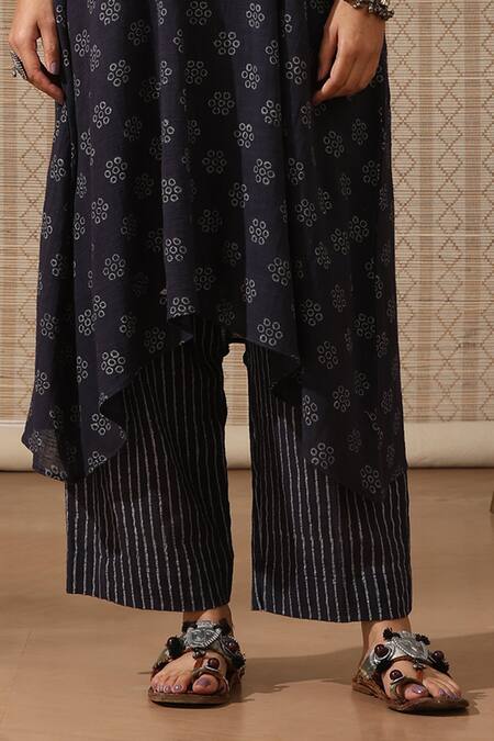 Buy Rekha Agra Blue Cotton Embroidery Floral Chalk Art Print Asymmetric Kurta With Striped Pant Online at Aza Fashions Buy_Rekha Agra_Blue Cotton Embroidery Floral Chalk Art Print Asymmetric Kurta With Striped Pant _Online_at_Aza_Fashions