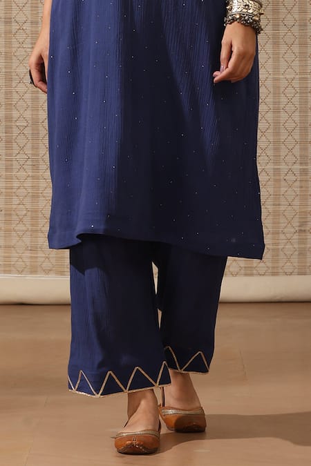 Buy Rekha Agra Blue Muslin, Cotton Mirrors, Mukaish Embellished Crinkle Kurta With Pant Online at Aza Fashions Buy_Rekha Agra_Blue Muslin, Cotton Mirrors, Mukaish Embellished Crinkle Kurta With Pant _Online_at_Aza_Fashions