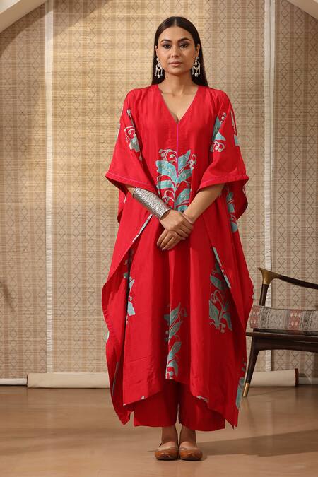 Shop_Rekha Agra_Red Silk Embroidery V-neck Amaryllis Print Embellished Kaftan With Pant _Online_at_Aza_Fashions