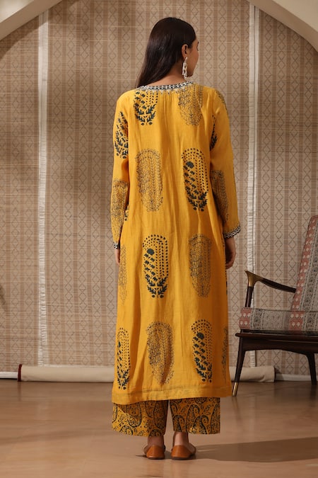 Shop_Rekha Agra_Yellow Chanderi, Organza, Cotton Floral Crest Print Embellished Kurta Pant Set _at_Aza_Fashions