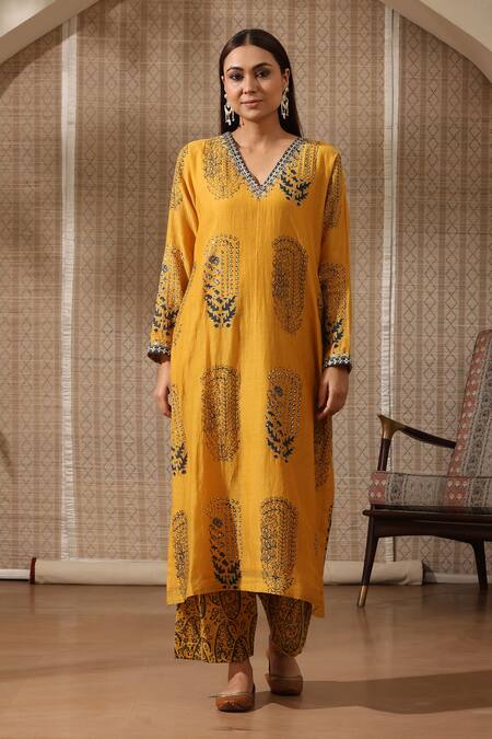 Shop_Rekha Agra_Yellow Chanderi, Organza, Cotton Floral Crest Print Embellished Kurta Pant Set _Online_at_Aza_Fashions
