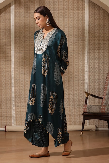 Shop Rekha Agra Blue Silk, Cotton Embroidery Gardenia Print Yoke Asymmetric Kurta With Pant Online at Aza Fashions Shop_Rekha Agra_Blue Silk, Cotton Embroidery Gardenia Print Yoke Asymmetric Kurta With Pant _Online_at_Aza_Fashions