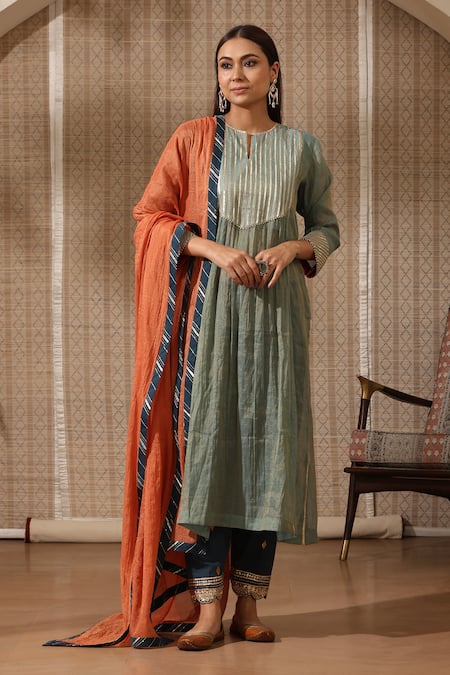 Rekha Agra Blue Tissue Embroidery Gota Notched Round Striped Yoke Kurta Pant Set 