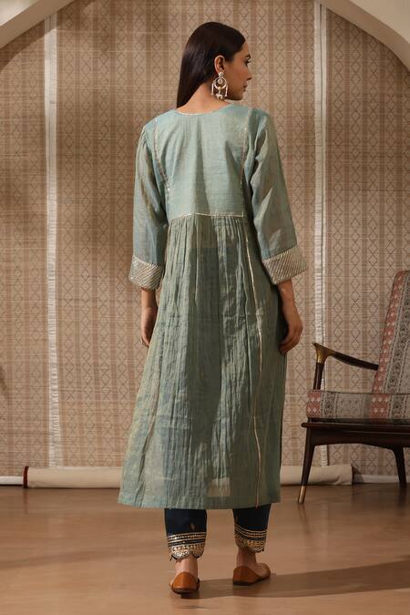 Shop Rekha Agra Blue Tissue, Chanderi Embroidery, Zari Round Gota Striped Yoke Kurta Pant Set at Aza Fashions Shop_Rekha Agra_Blue Tissue, Chanderi Embroidery, Zari Round Gota Striped Yoke Kurta Pant Set _at_Aza_Fashions