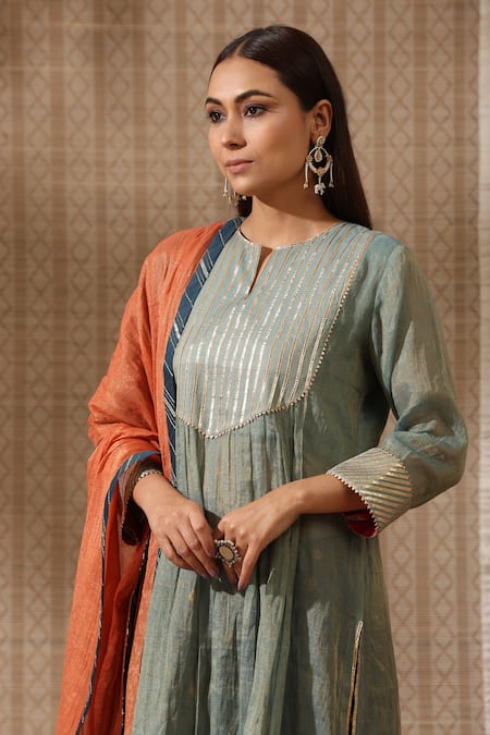 Rekha Agra Blue Tissue, Chanderi Embroidery, Zari Round Gota Striped Yoke Kurta Pant Set Online at Aza Fashions Rekha Agra_Blue Tissue, Chanderi Embroidery, Zari Round Gota Striped Yoke Kurta Pant Set _Online_at_Aza_Fashions