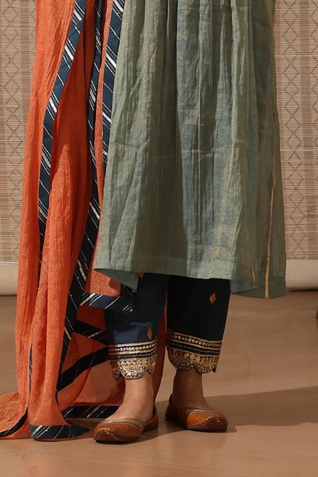 Buy Rekha Agra Blue Tissue, Chanderi Embroidery, Zari Round Gota Striped Yoke Kurta Pant Set Online at Aza Fashions Buy_Rekha Agra_Blue Tissue, Chanderi Embroidery, Zari Round Gota Striped Yoke Kurta Pant Set _Online_at_Aza_Fashions