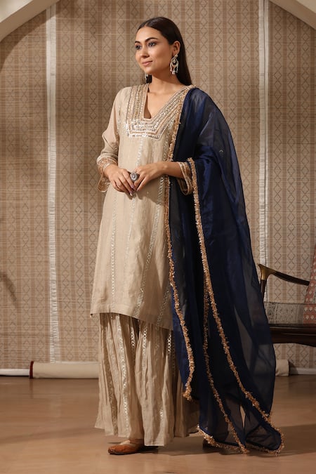 Rekha Agra Gota Sequin Helix Embroidered Kurta Sharara Set 